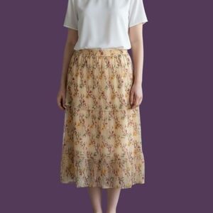 YOUNG AT HEART 1990s Fairycore Cream Lace Panel Embroidered Floral Midi Skirt